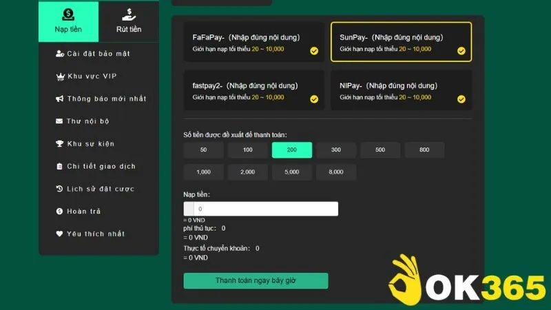 Chọn số tiền nạp vào ví