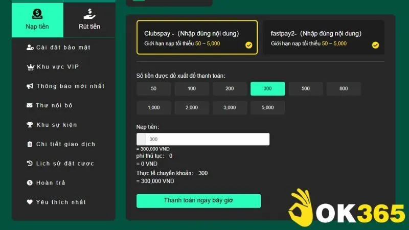 Chọn số tiền muốn nạp