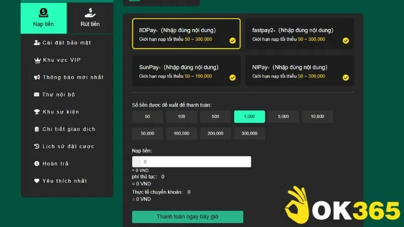 Lựa chọn phương thức và số tiền muốn nạp