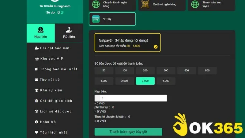Lựa chọn số tiền muốn nạp vào ví
