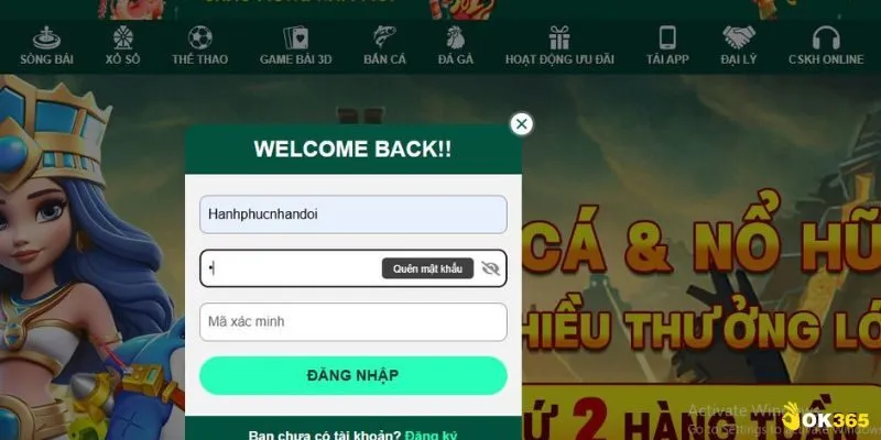 Bạn điền thông tin đăng nhập tài khoản cá cược của mình vào